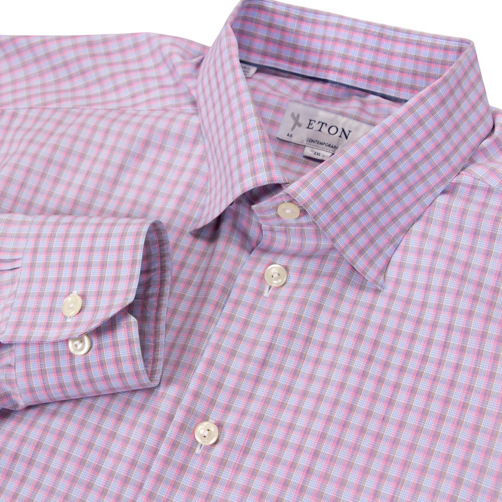 Eton Contemporary Fit Dress‎ Shirt Mens 2XL Pink Blue Plaid Check Long Sleeve